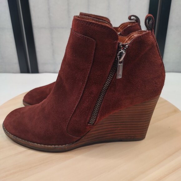 Lucky Brand Yahir Suede Wedge Raisin Burgandy Ankle Booties Women US 9M / 40 - Picture 6 of 13